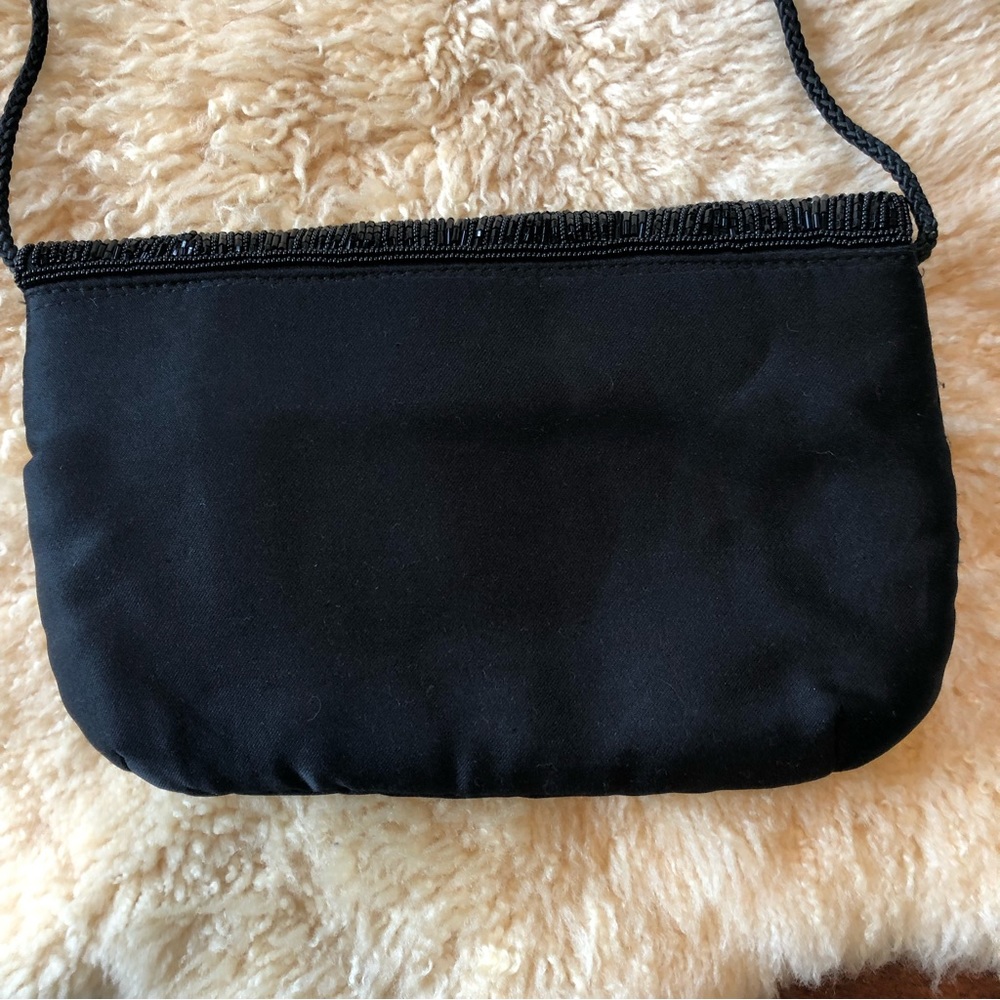 Venizia Black Beaded Art Deco style satin bag w/inside pocket and rope strap - Picture 2 of 7